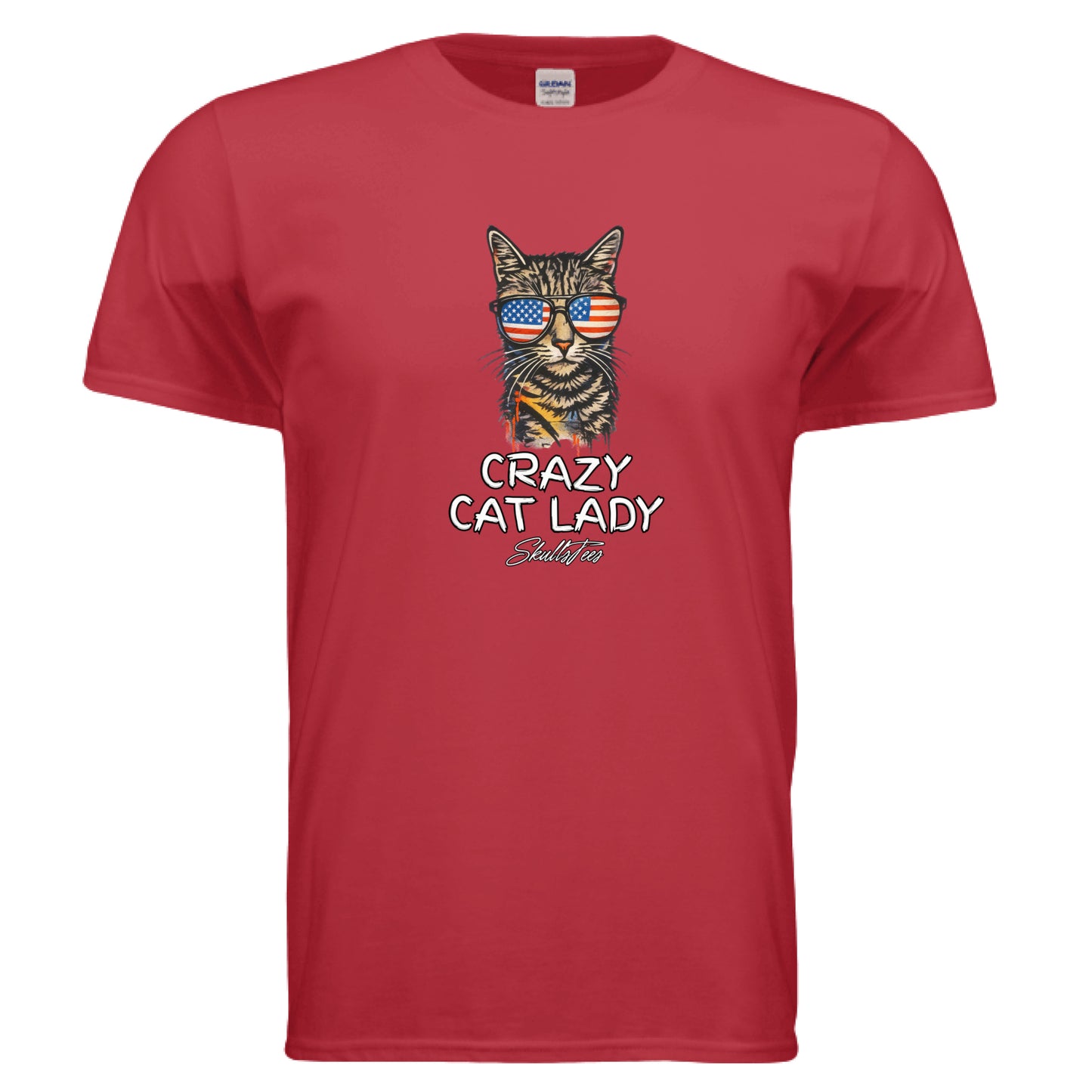 Patriotic Crazy Cat Lady T-Shirt featuring a cat wearing American flag sunglasses, funny USA cat graphic tee