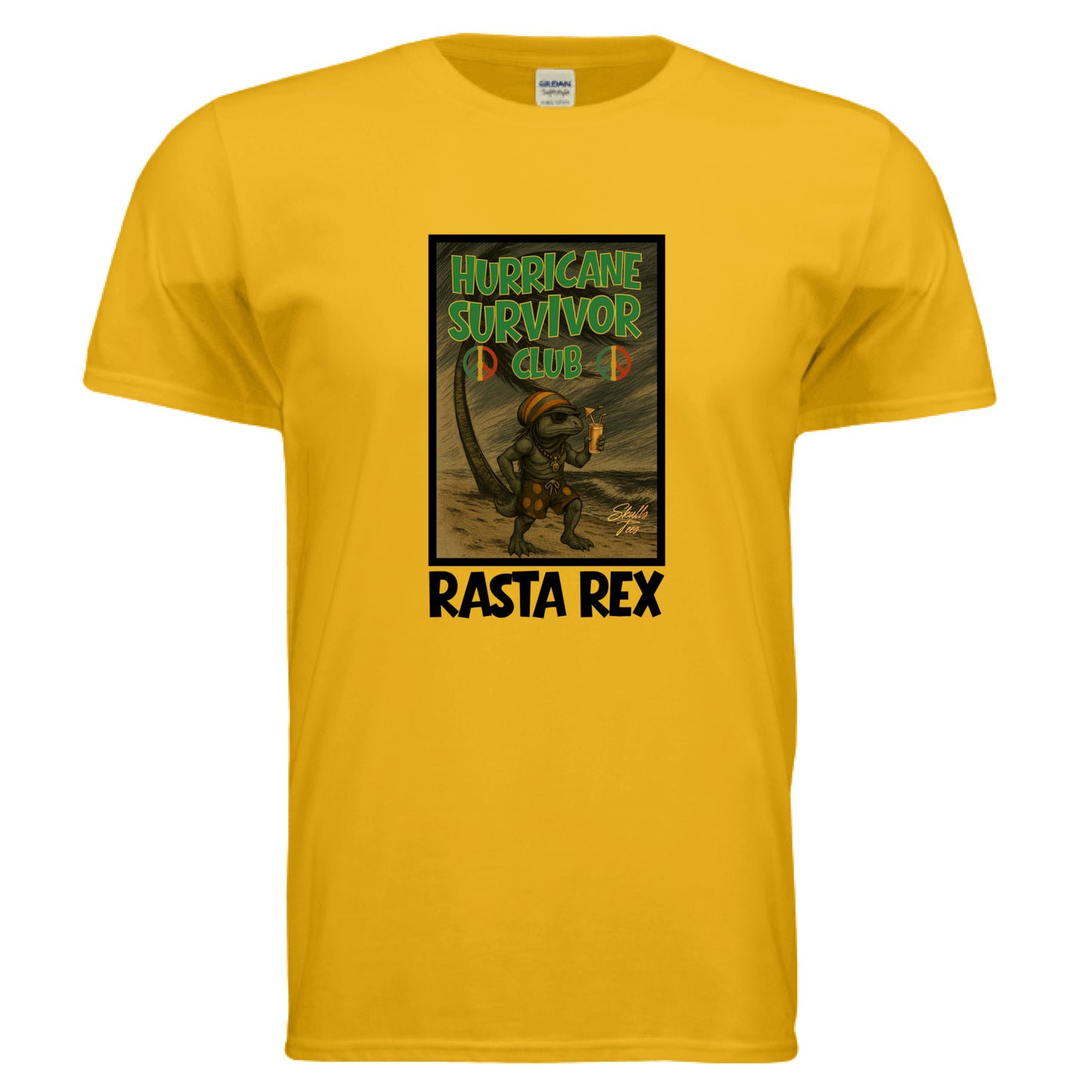 Rasta Rex lizard with island hurricane theme