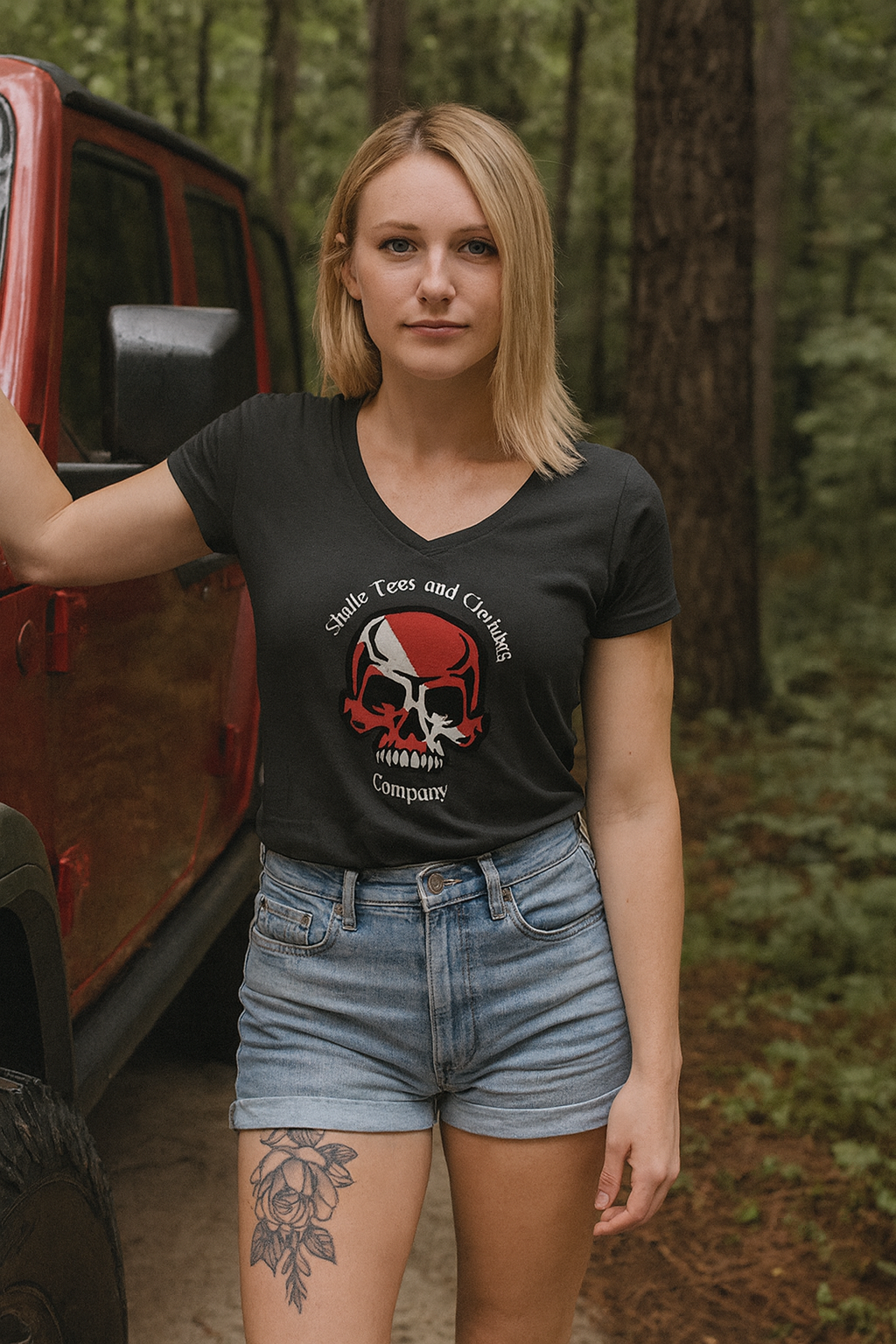 Woman wearing a black t-shirt with a graphic design in a forest setting