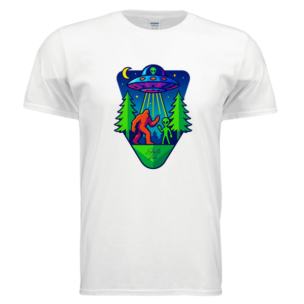 Bigfoot  with an alien under a UFO beam in a neon forest – Skulls Tees graphic design.