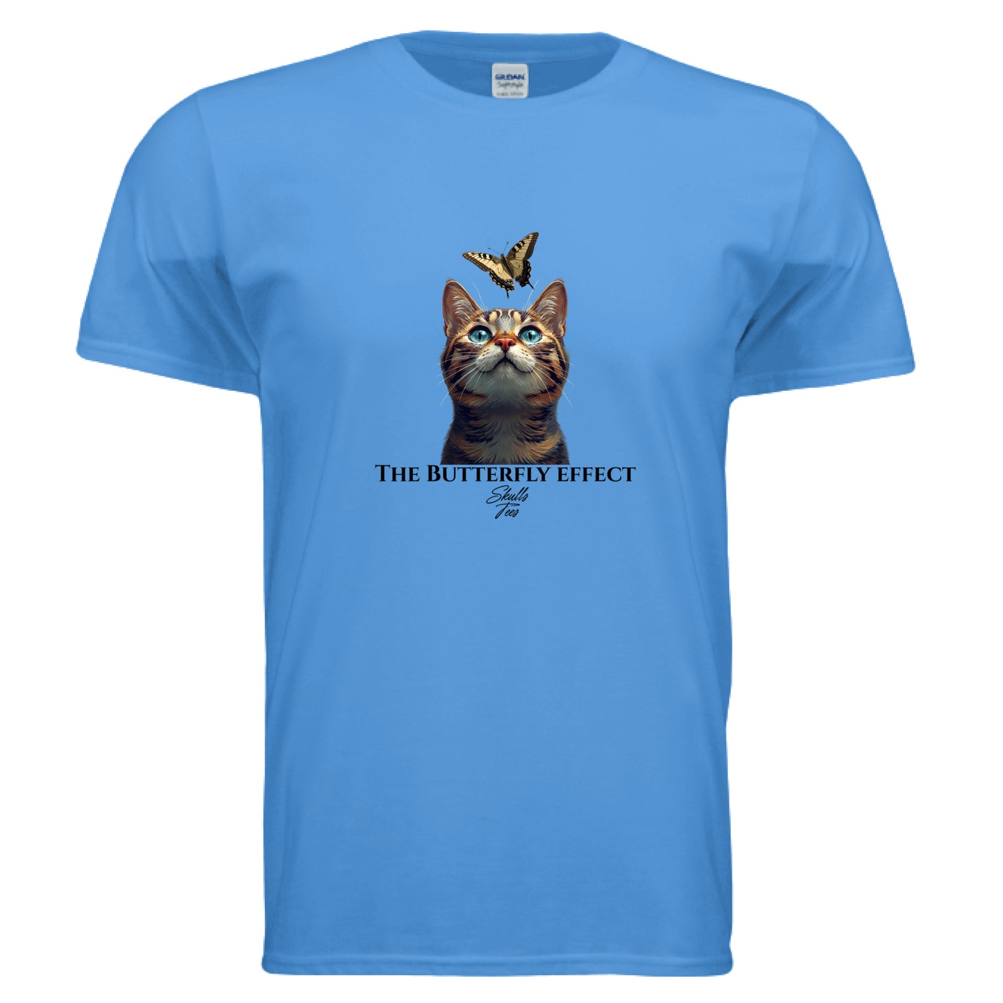 Cat looking up at butterfly graphic tee – realistic cat lover shirt from Skulls Tees