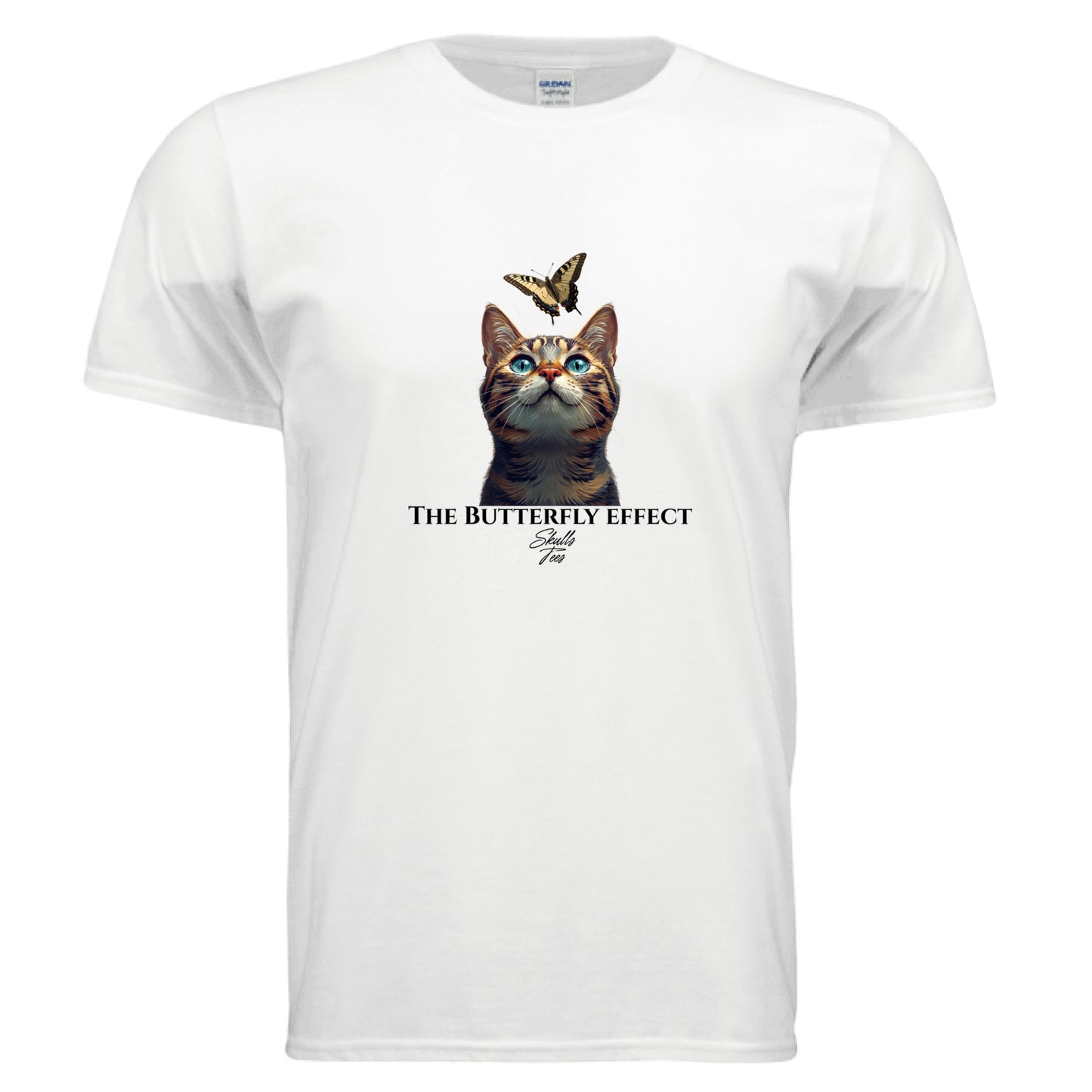 Cat looking up at butterfly graphic tee – realistic cat lover shirt from Skulls Tees