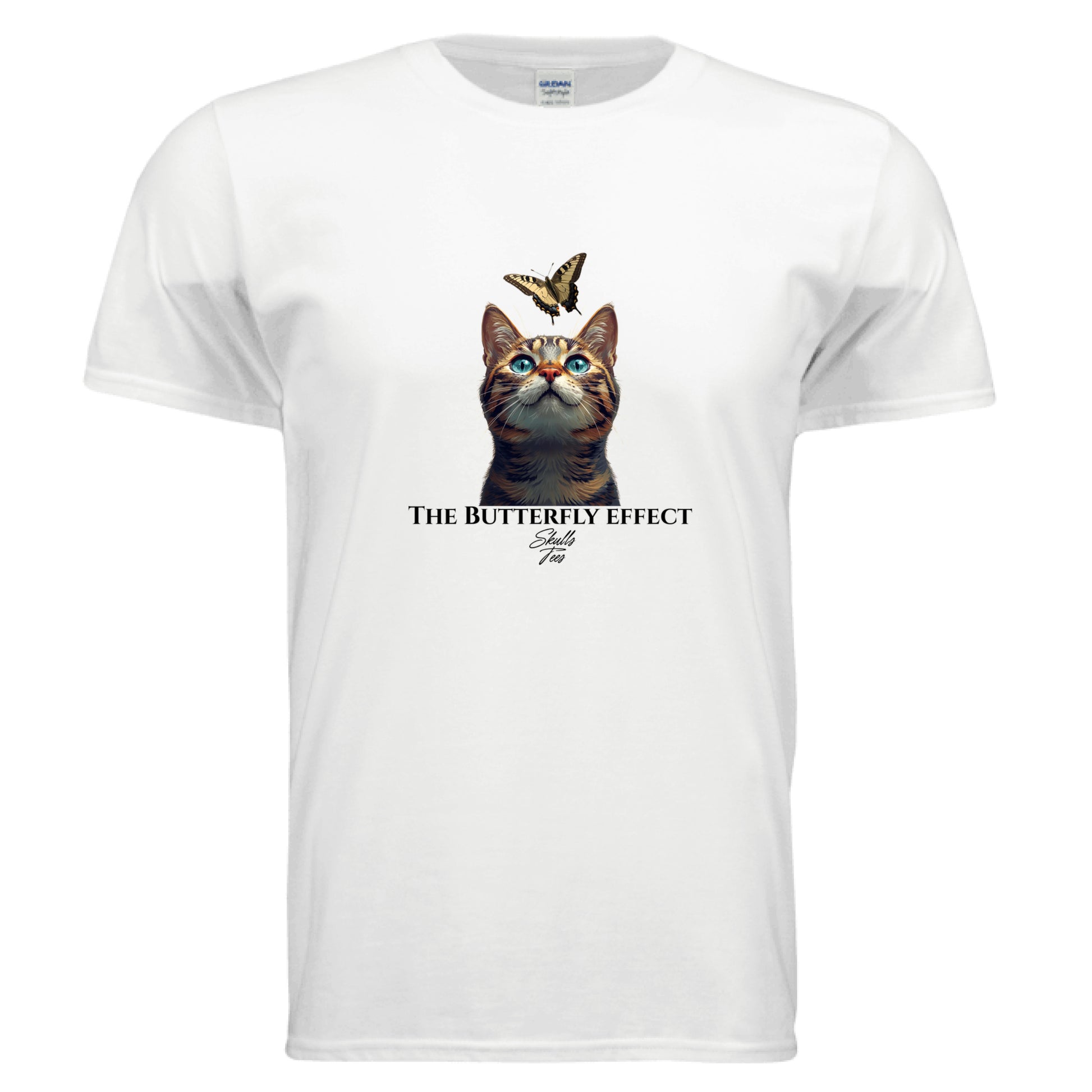 Cat looking up at butterfly graphic tee – realistic cat lover shirt from Skulls Tees