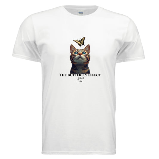 Cat looking up at butterfly graphic tee – realistic cat lover shirt from Skulls Tees