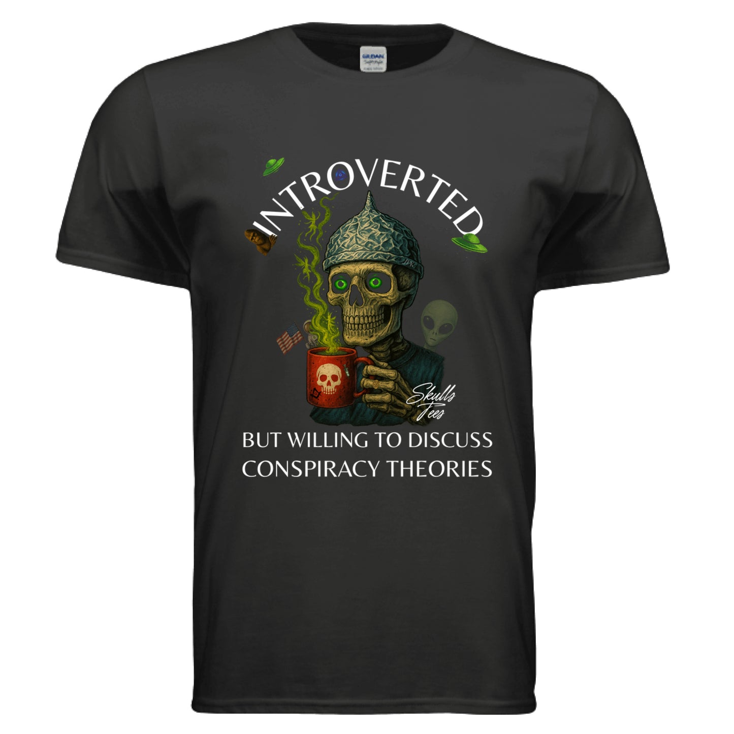 Introvert humor tee with conspiracy graphics
