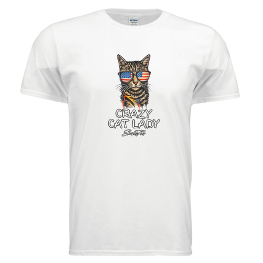 Patriotic Crazy Cat Lady T-Shirt featuring a cat wearing American flag sunglasses, funny USA cat graphic tee