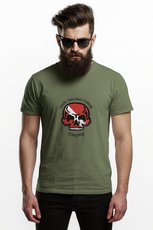 Man wearing a green t-shirt with a skull design on a white background