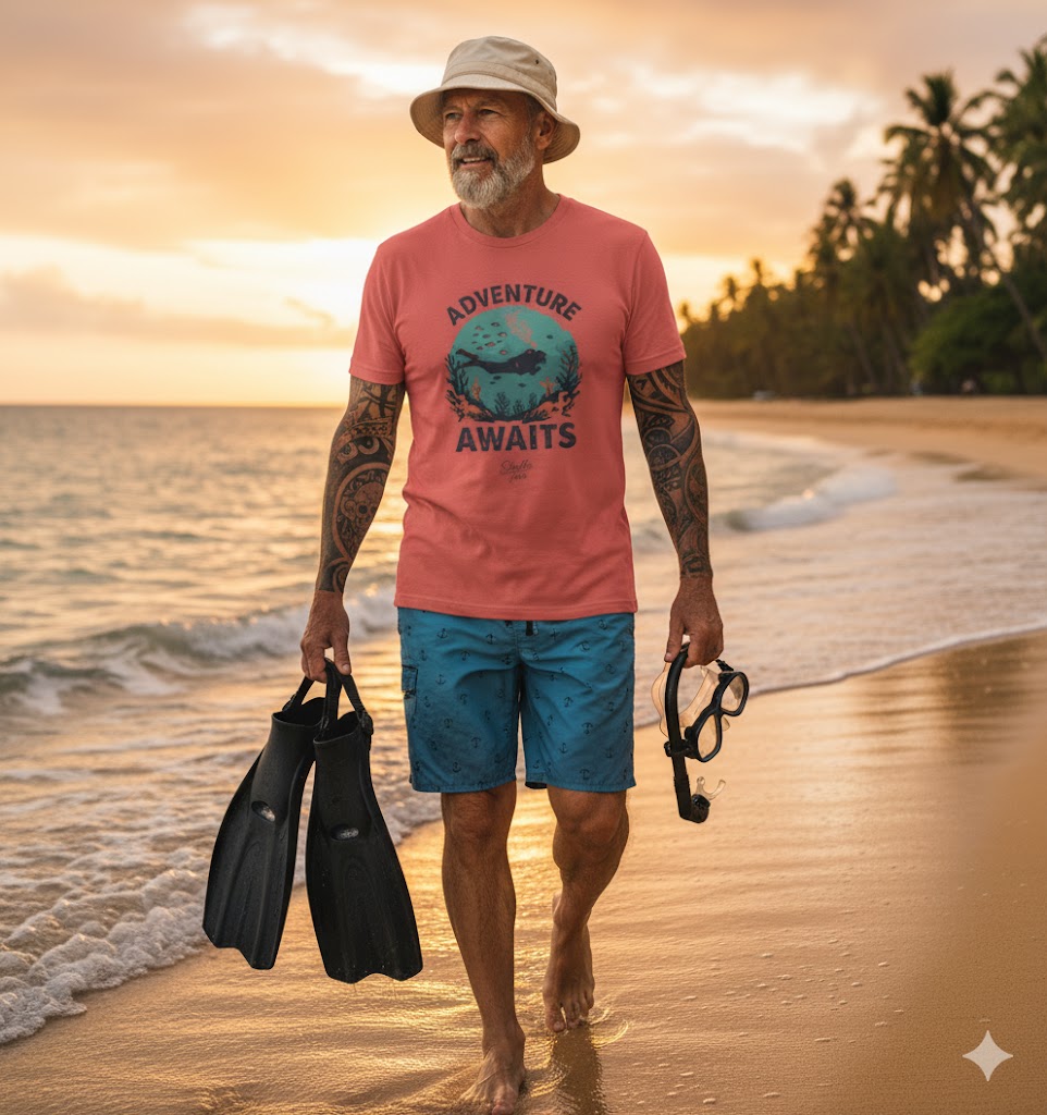 Man walking on a beach with sunset, holding diving fins, wearing a pink 'Adventure Awaits' t-shirt.