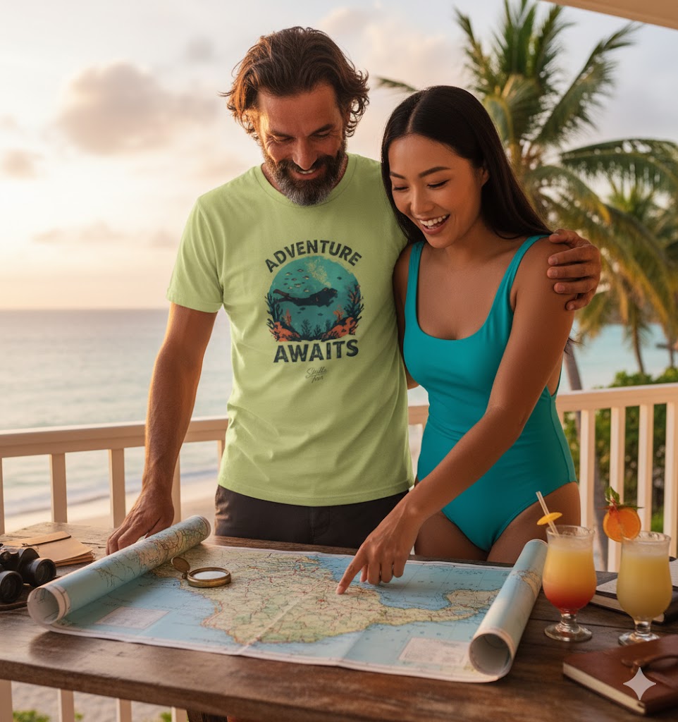 Man and woman looking at a map on a balcony with a scenic ocean view.