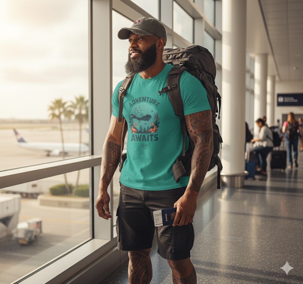 Man with a backpack and 'Adventure Awaits' t-shirt at an airport.