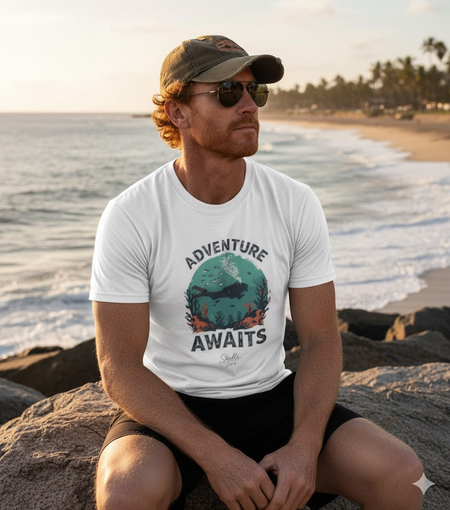 Man wearing a 'Adventure Awaits' t-shirt sitting on rocks by the beach.
