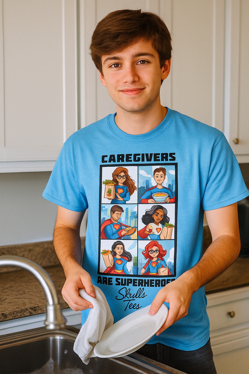 Person wearing a blue t-shirt with a graphic design in a kitchen