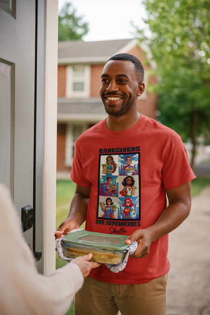 Man in a red t-shirt with a graphic design, holding a container, standing in front of a door.
