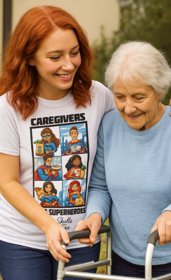 Woman wearing a 'Caregivers Superheroes' shirt interacting with an elderly woman outdoors.