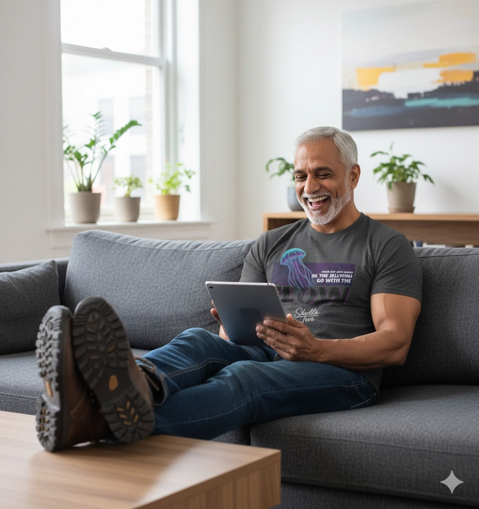 Man sitting on a couch in a living room using a tablet, with plants and a painting in the background.