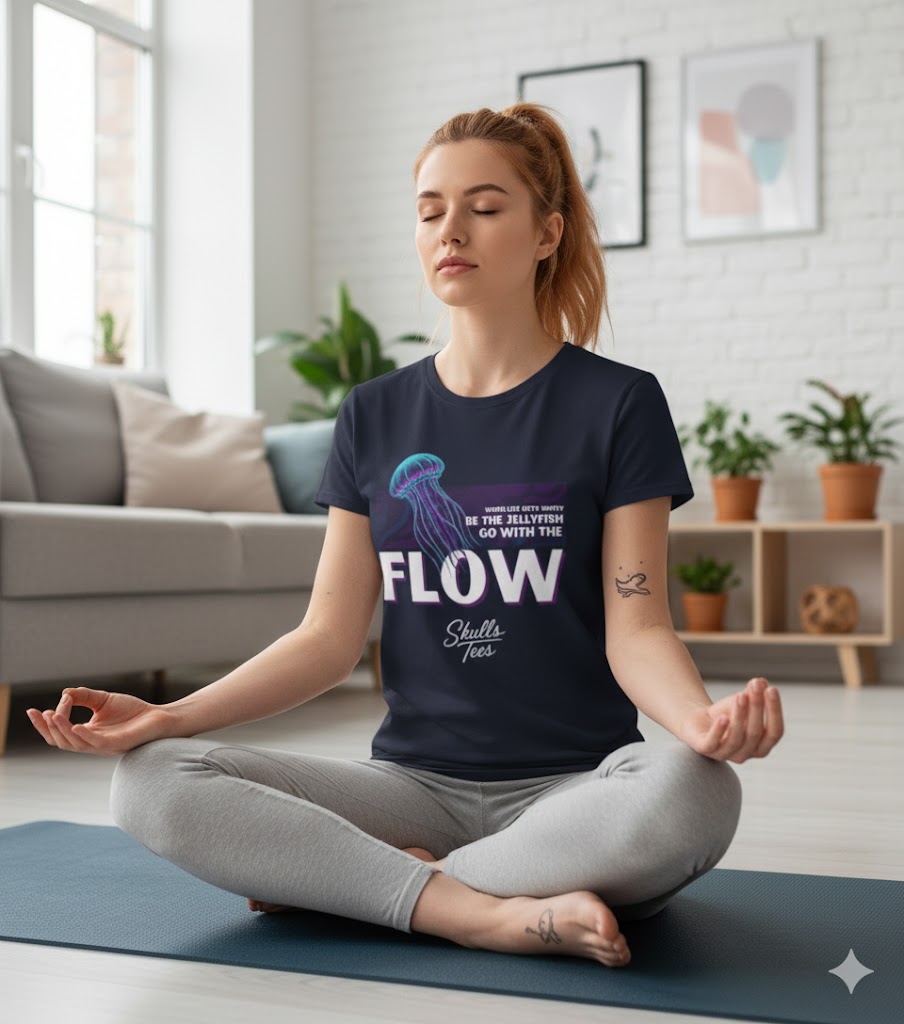 Woman meditating on a yoga mat wearing a t-shirt with a jellyfish design and text.