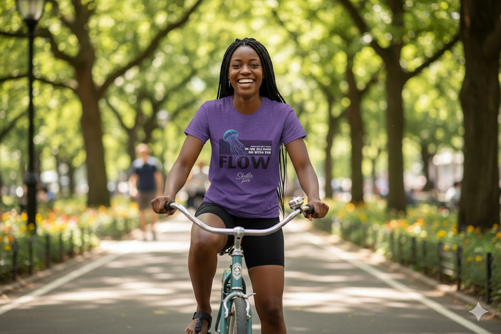 Woman riding a bike in a park wearing a purple t-shirt with text.