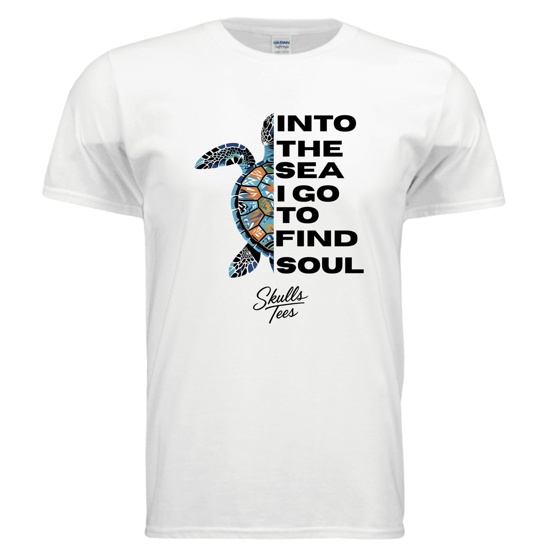 “Into the Sea to Find My Soul” sea turtle graphic tee with bold vector artwork and ocean-vibe design.