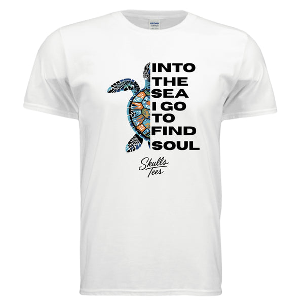 “Into the Sea to Find My Soul” sea turtle graphic tee with bold vector artwork and ocean-vibe design.