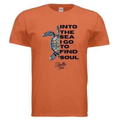 “Into the Sea to Find My Soul” sea turtle graphic tee with bold vector artwork and ocean-vibe design.