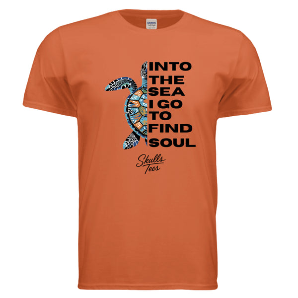 “Into the Sea to Find My Soul” sea turtle graphic tee with bold vector artwork and ocean-vibe design.