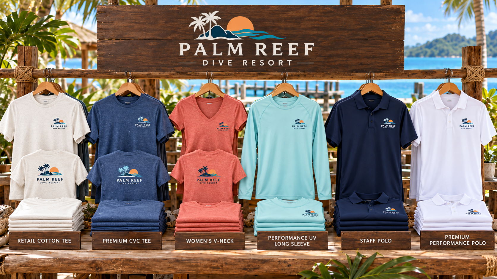 Palm Reef fictional coordinated resort retail and staff apparel collection