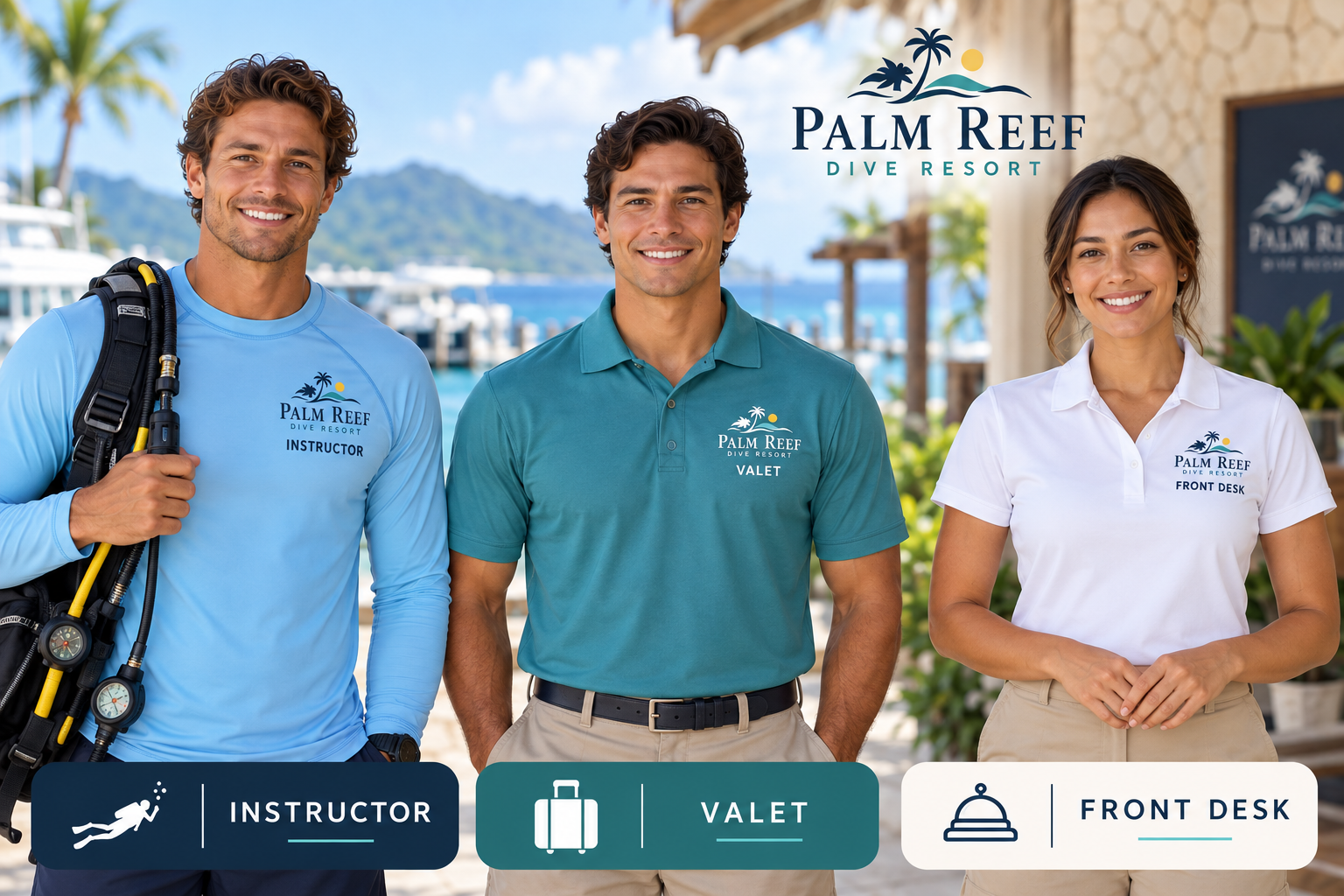 Resort staff wearing coordinated branded apparel by role