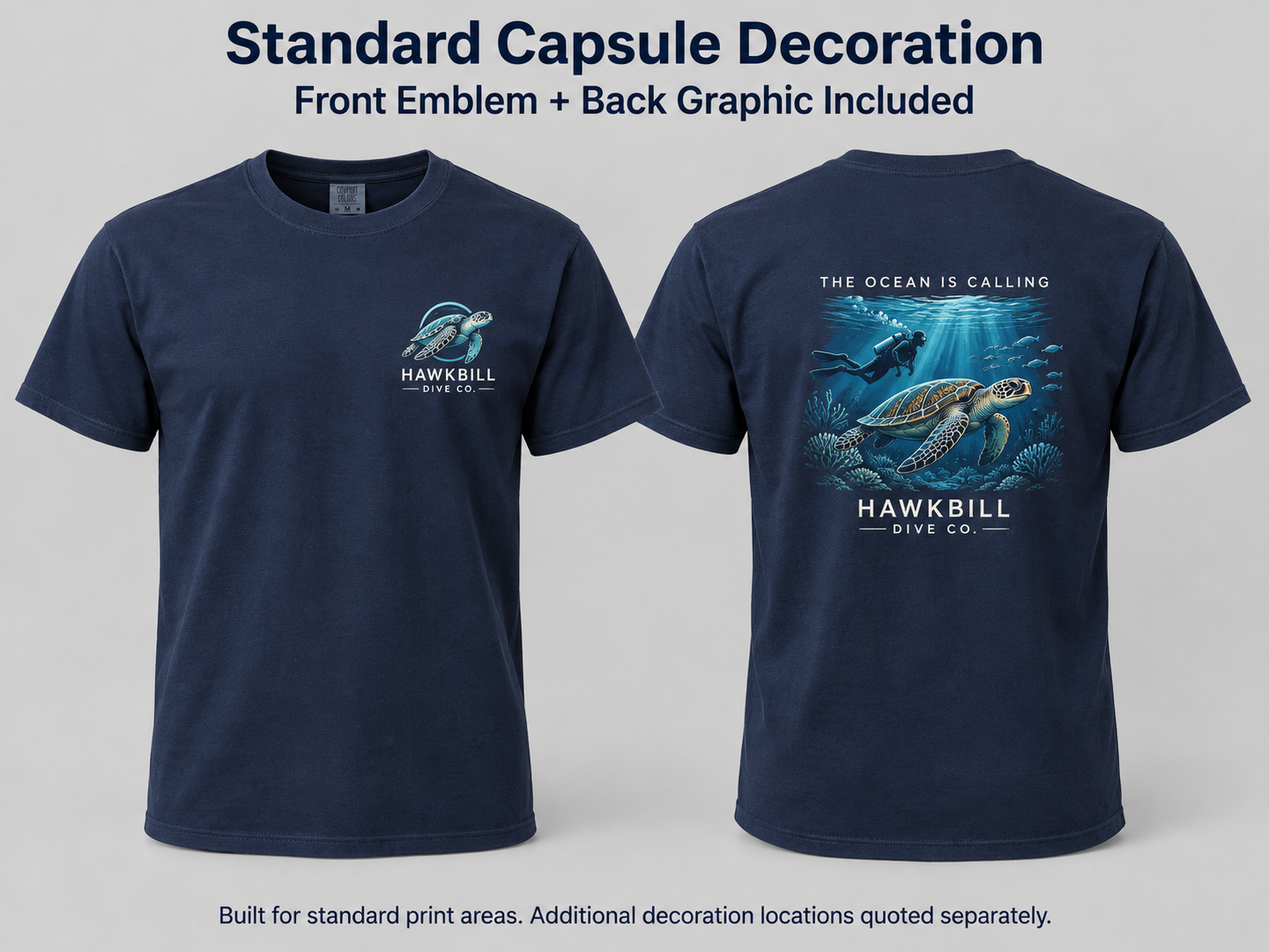 Hawkbill Dive Co. fictional apparel shown inside a working dive shop
