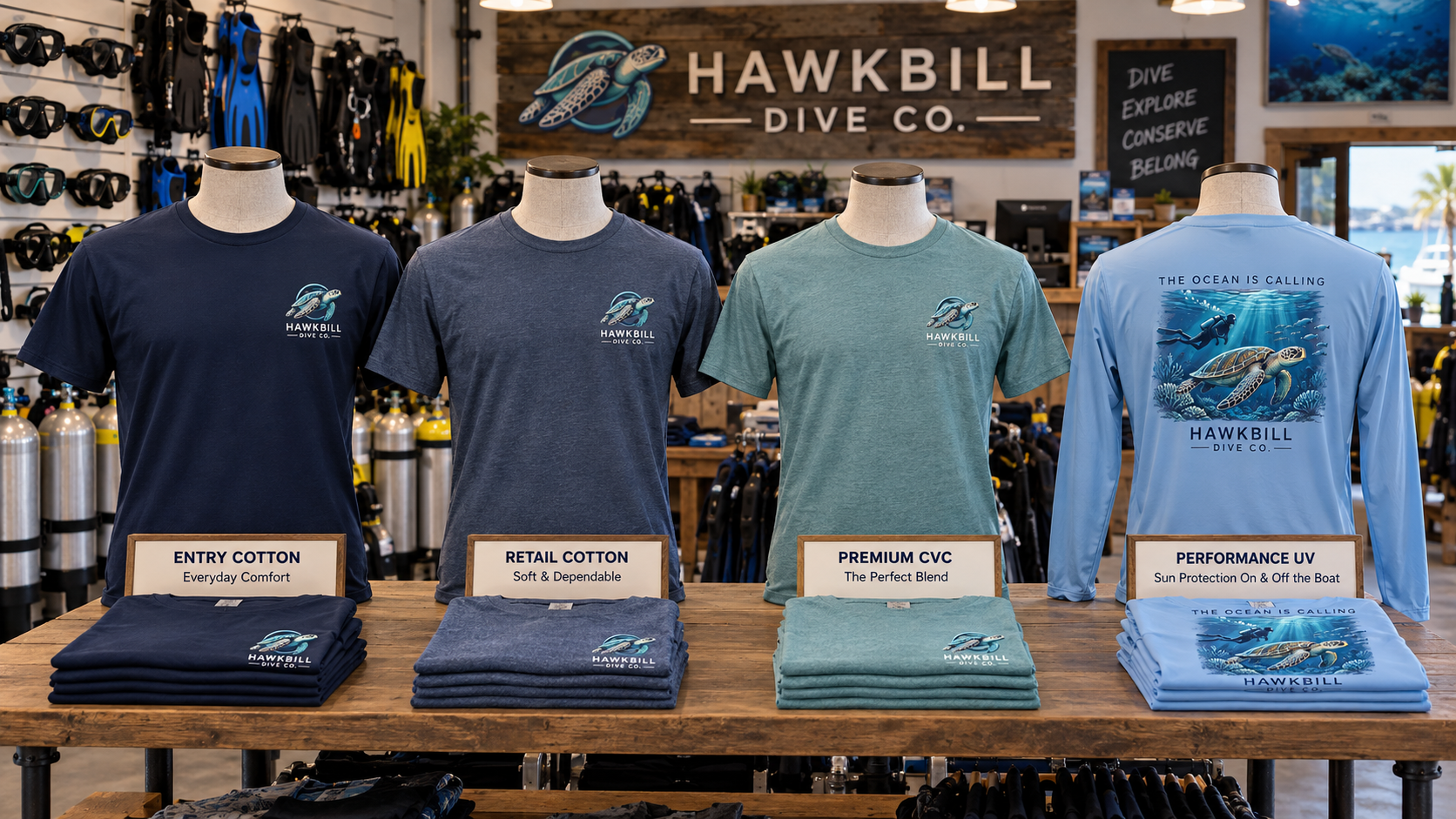 Hawkbill Dive Co. fictional coordinated dive shop apparel program