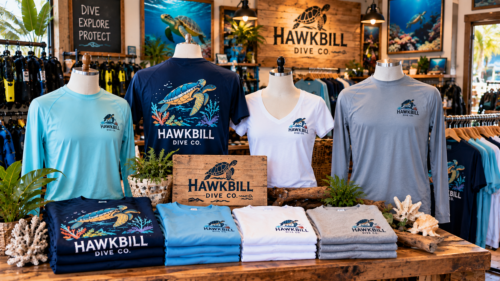 Coordinated dive shop apparel collection with multiple garment styles