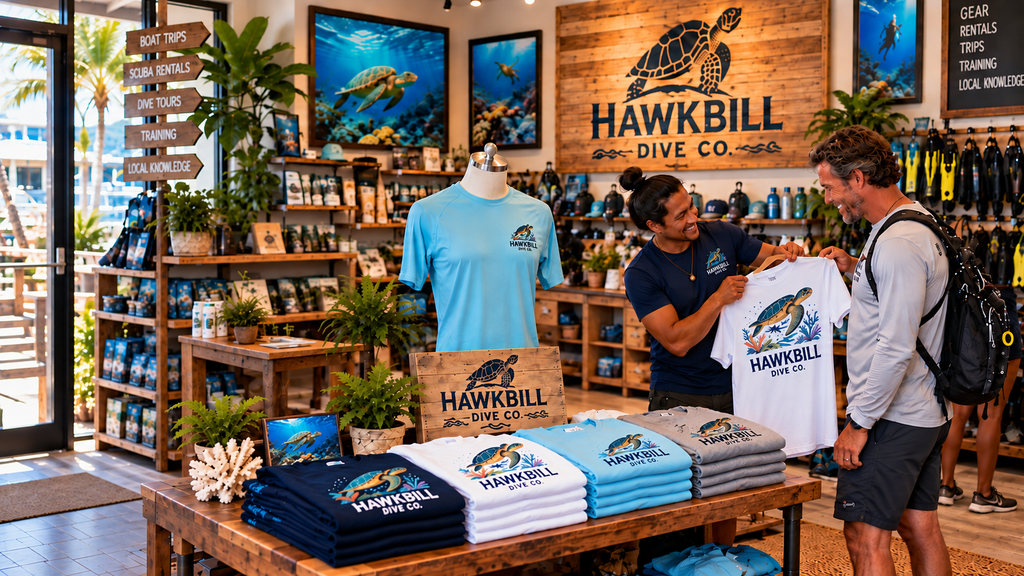 Custom dive shop apparel displayed on a retail rack