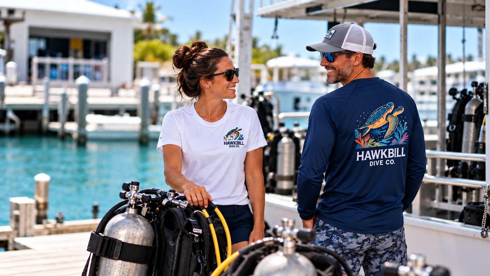 Performance apparel options for dive shop staff and active use