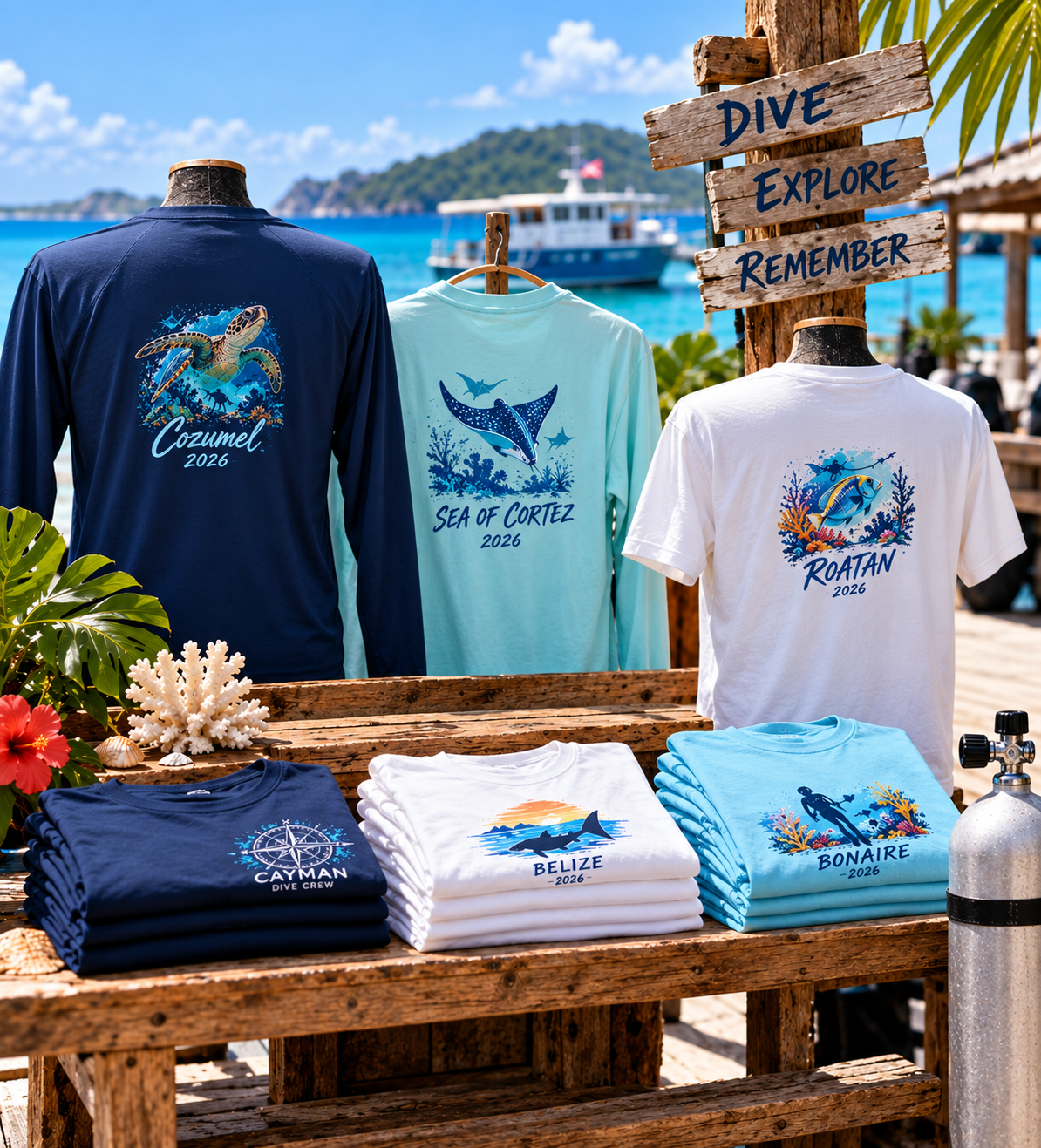 Dive trip apparel concept built around destination, wildlife, dive site, group and year