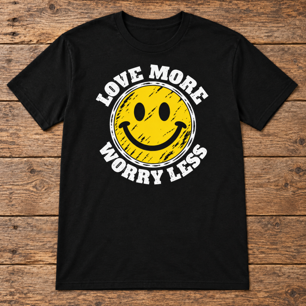 Love More, Worry Less black unisex tee flat lay