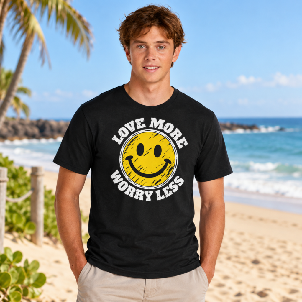 Model wearing Love More, Worry Less black unisex tee