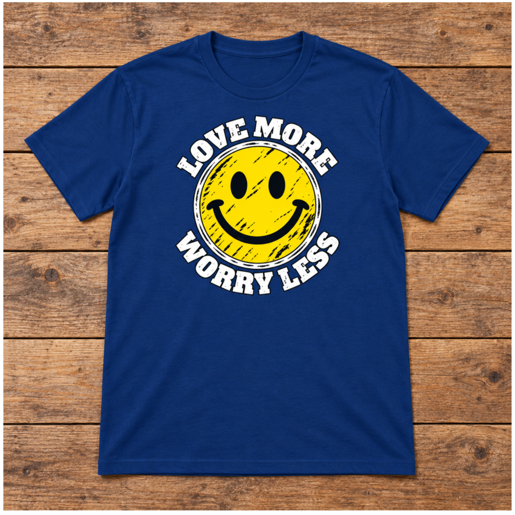 Love More, Worry Less navy unisex tee flat lay