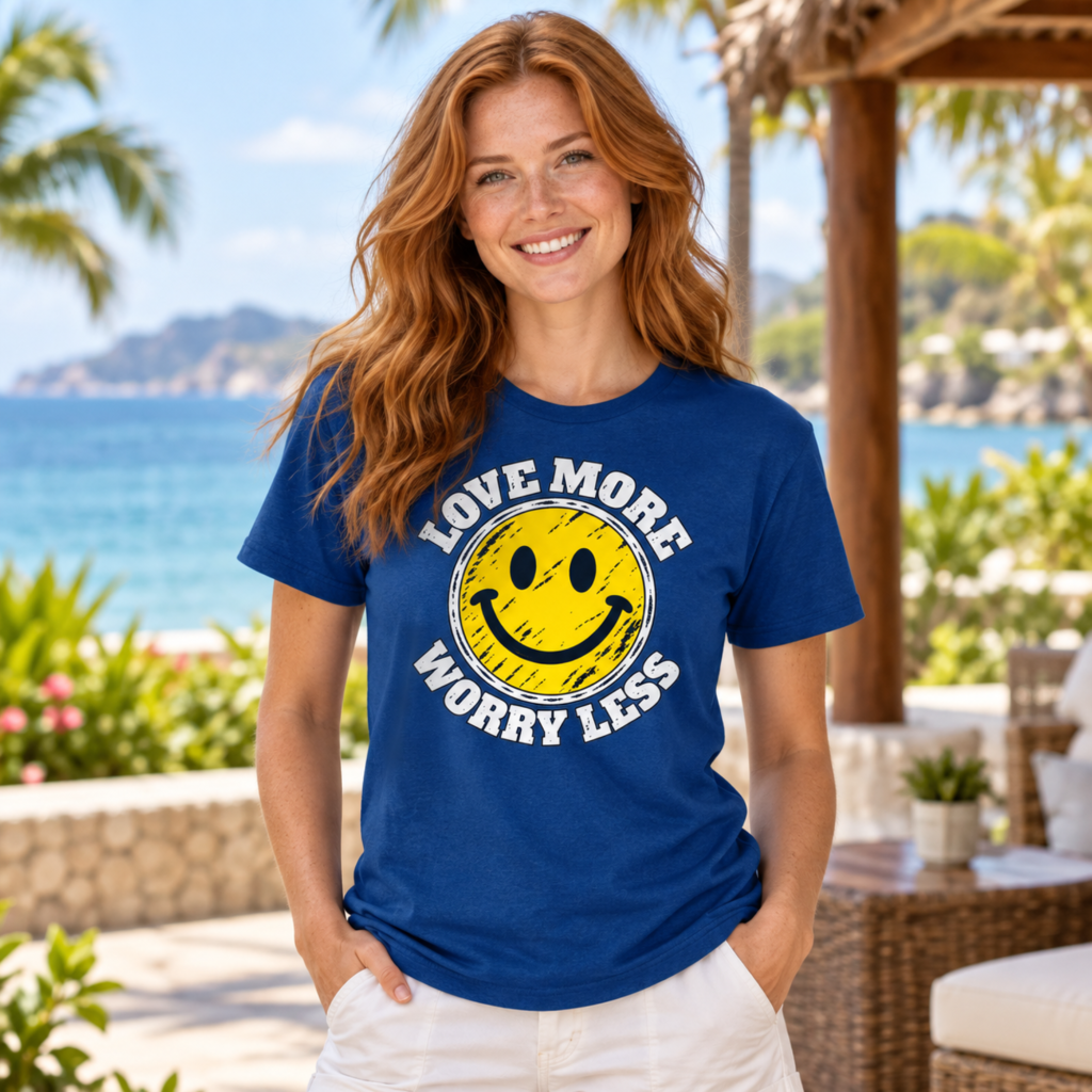 Model wearing Love More, Worry Less navy unisex tee