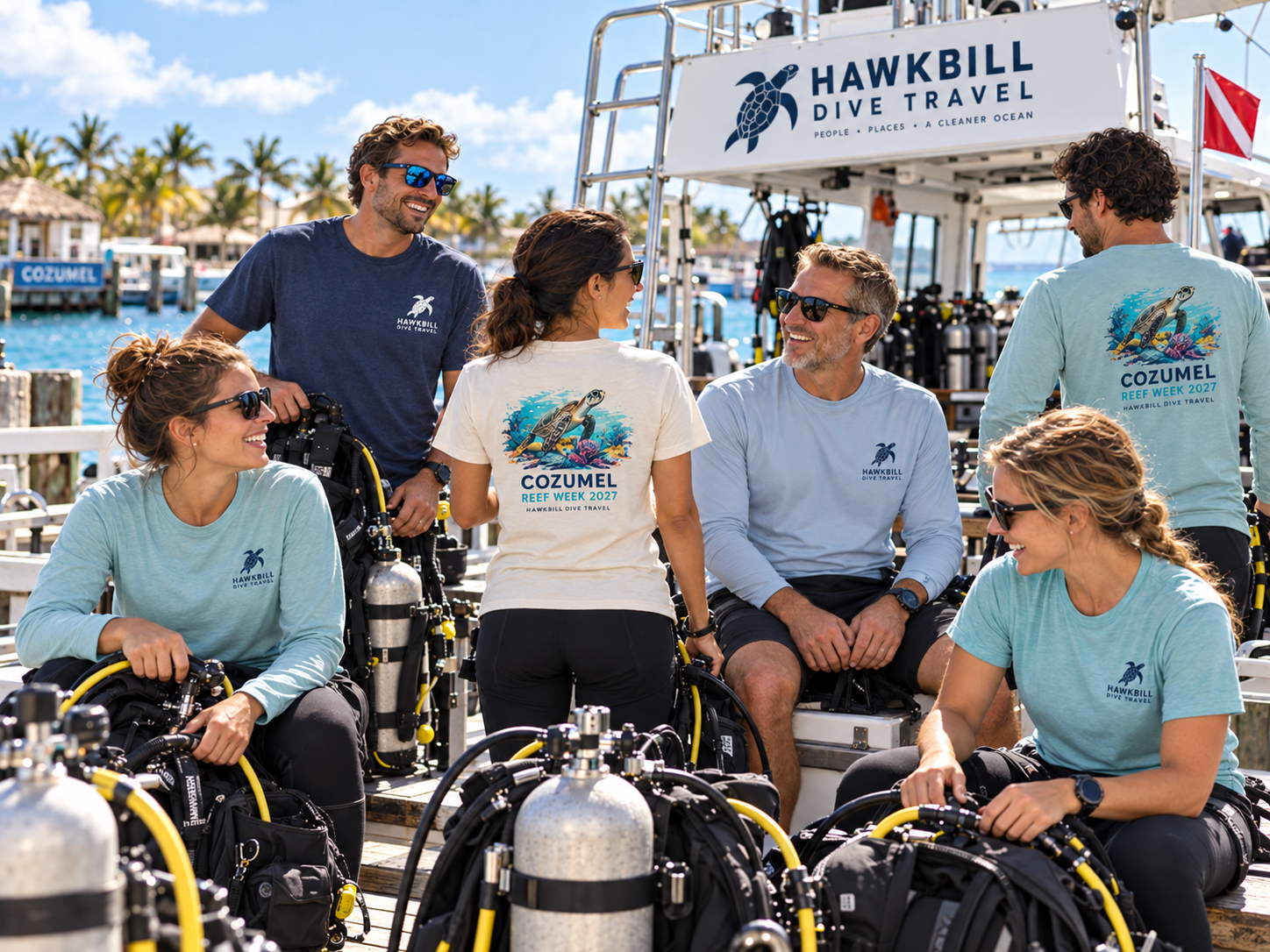 Fictional dive travel group preparing for a tropical dive trip.