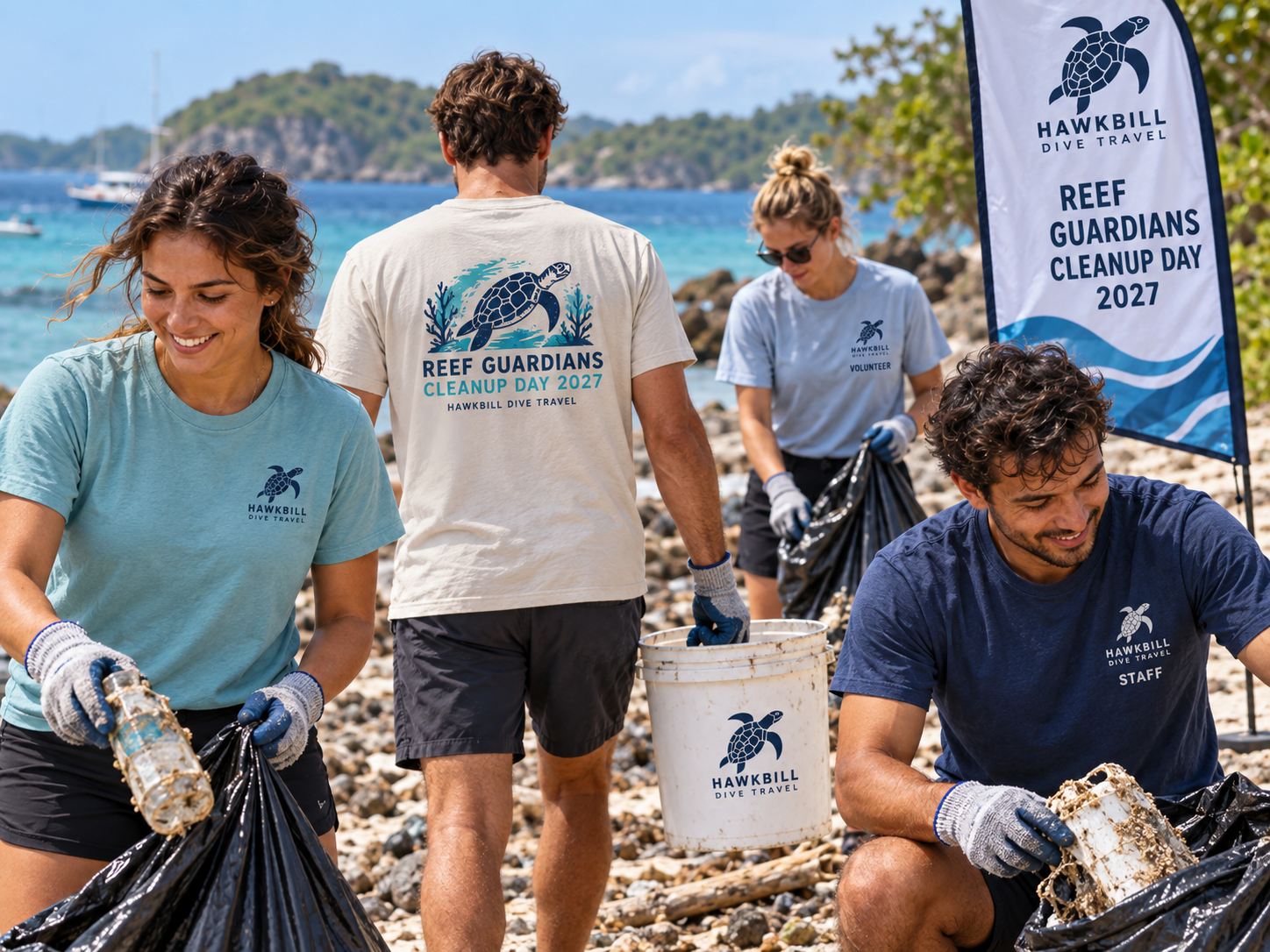 Fictional reef guardians beach cleanup event with coordinated volunteer apparel.