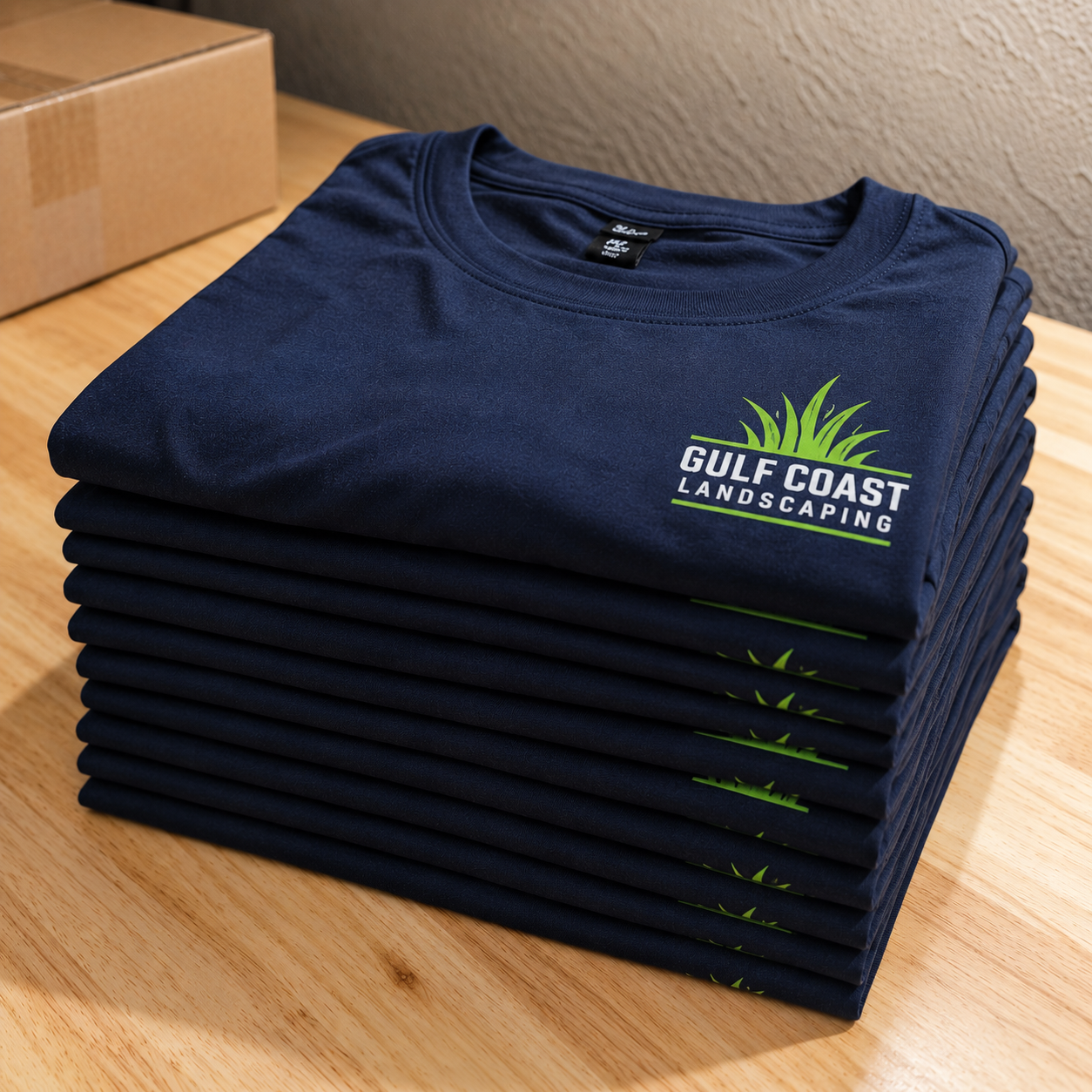Folded custom apparel stacked and ready for team distribution