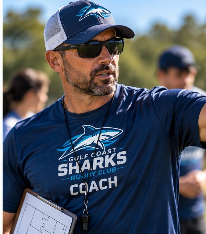 Team coach wearing a performance tee personalized with a staff role