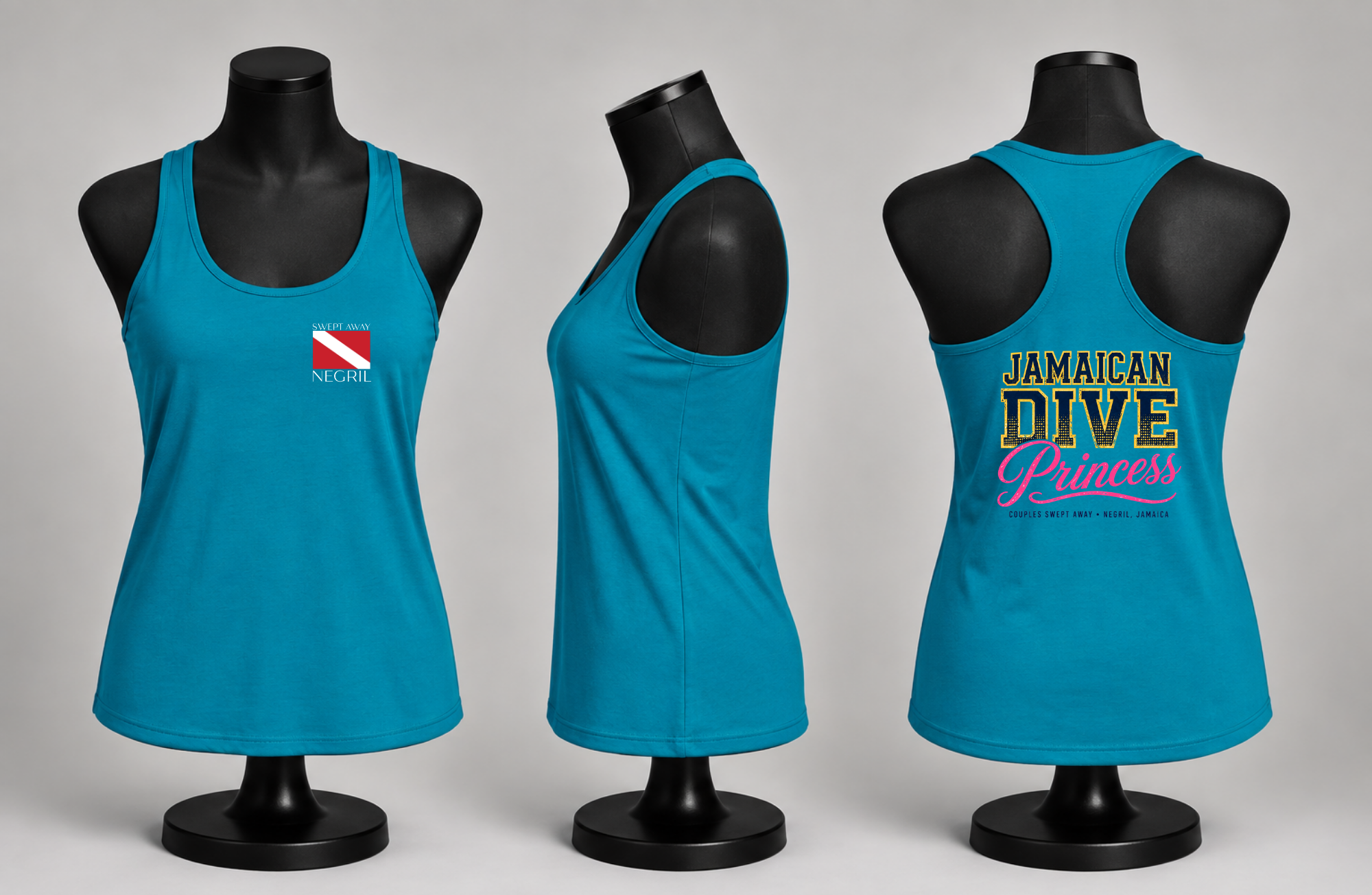 Couples Swept Away Jamaican Dive Princess teal racerback apparel mockup