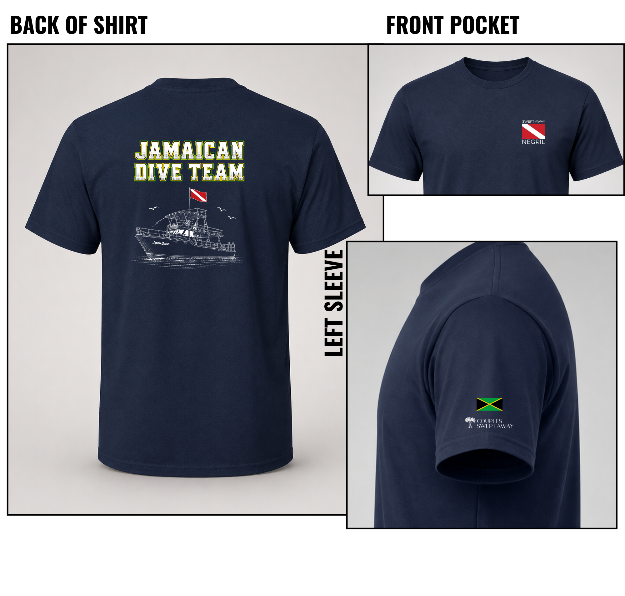 Couples Swept Away Jamaican Dive Team navy tee apparel mockup