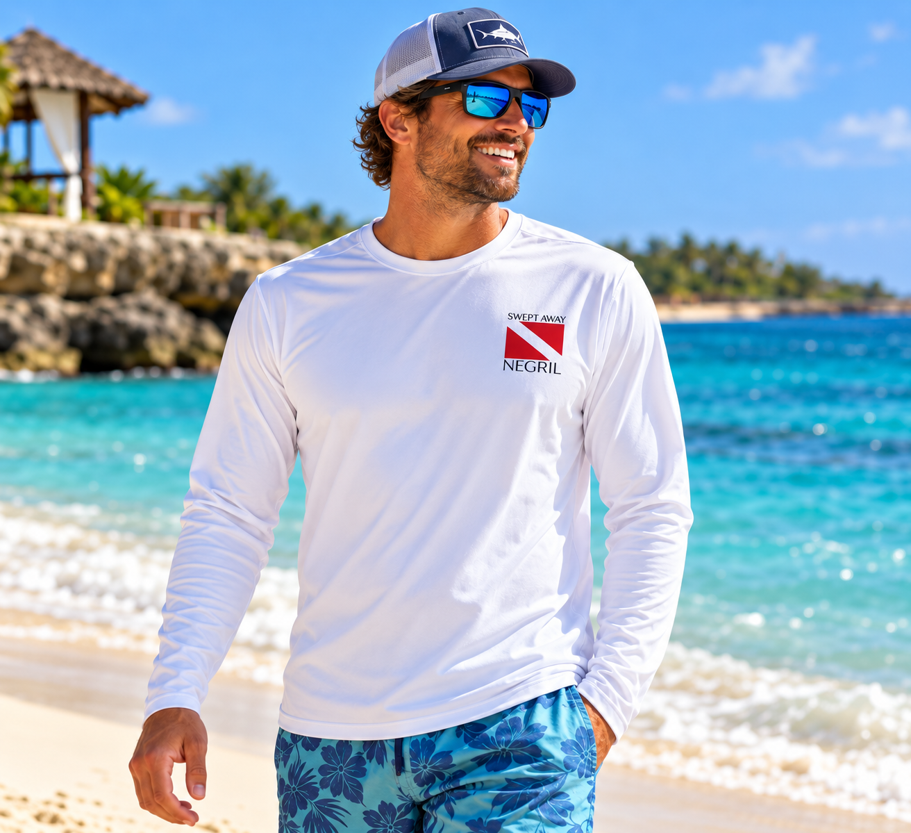 Front of white Couples Swept Away Negril long-sleeve performance shirt with diver-down flag chest decoration
