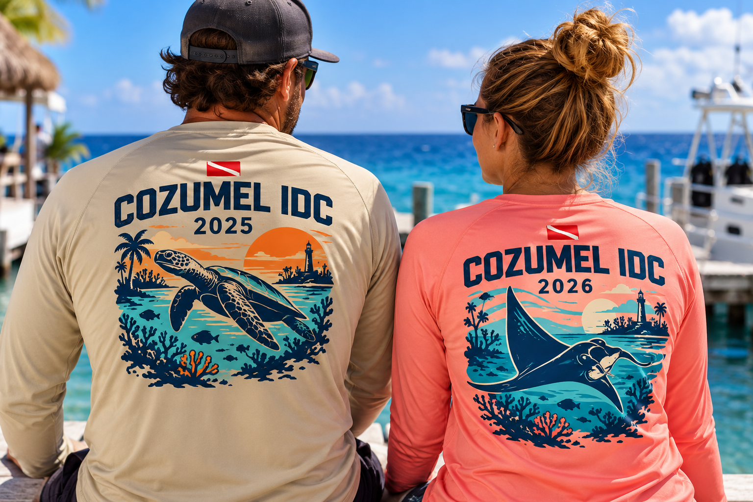 Two divers wearing different annual Cozumel IDC shirts, illustrating a recurring training apparel tradition.