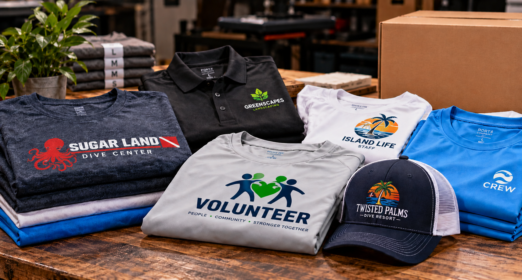 A coordinated assortment of custom branded apparel including tees, a polo, volunteer shirt, crew apparel and embroidered cap.