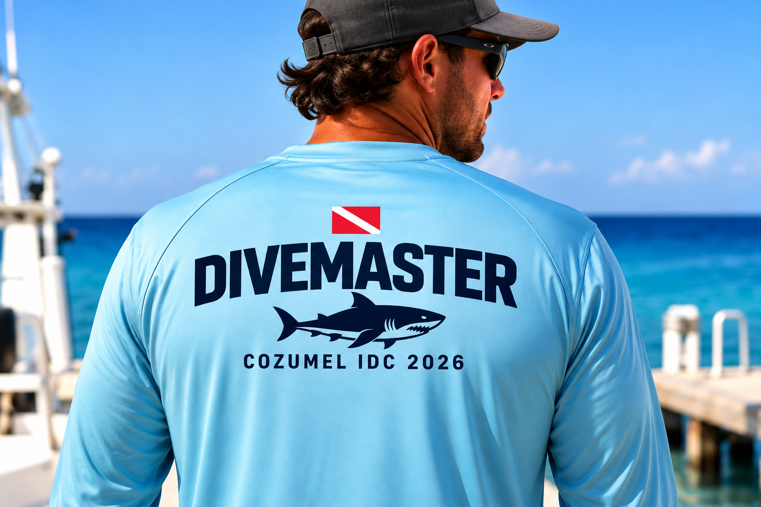 Divemaster wearing a Cozumel IDC 2026 performance shirt by the sea.