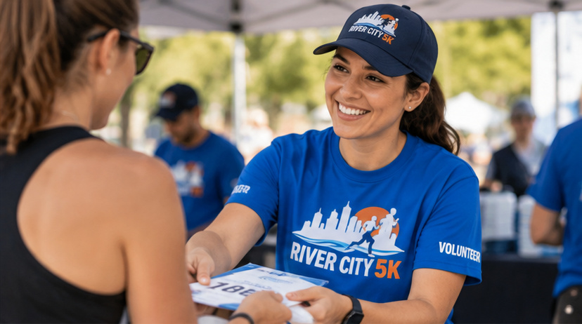 Volunteer wearing coordinated event apparel at registration