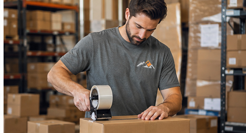 Everyday staff member packing a customer order in a branded tee