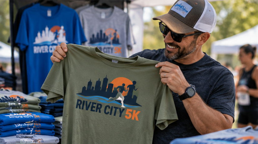 Supporter viewing premium fundraising merchandise at an event